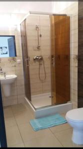 ウクフにあるArkadia Noclegiのバスルーム(シャワー、洗面台、トイレ付)