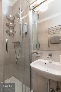 een badkamer met een wastafel en een glazen douche bij Dandelion Apartments Stabu in Rīga