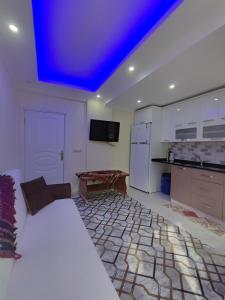 a living room with a bed and a blue ceiling at AYDIN HOME Uzungöl in Uzungöl