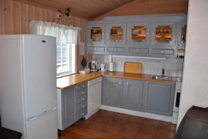una cucina con armadi blu e frigorifero bianco di Lifjellhytte 10 by Norgesbooking - cabin at Golsfjellet a Gol