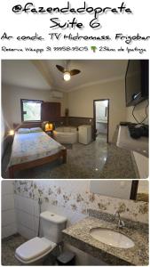 1 dormitorio con 1 cama y baño con lavamanos en Pousada Fazenda do Prata Ecoresort en Caratinga