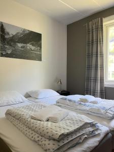 two twin beds in a room with a window at Birkelunden Bed & Breakfast in Rjukan
