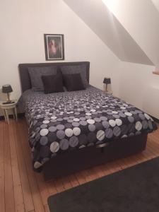 een slaapkamer met een bed met een zwart-wit dekbed bij DS Harmothe in Chamouille