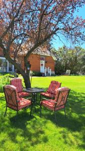 3 sedie e un tavolo in un giardino con un albero di The Mays Place Bed and Breakfast a Elgin