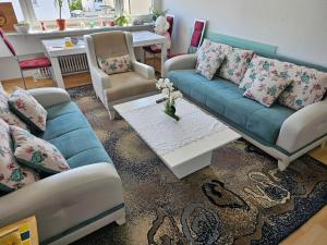 Wernau的住宿－Apartment to stay，客厅配有蓝色的沙发和椅子