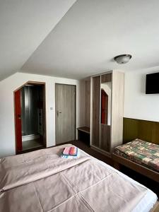 1 dormitorio con 1 cama y TV. en Penzion U Zemánků, en Jablonec nad Jizerou