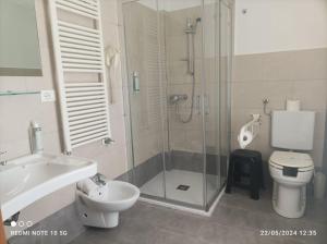 e bagno con doccia, servizi igienici e lavandino. di Hotel Okinawa a Rimini