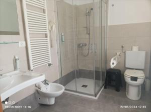 a bathroom with a shower and a toilet and a sink at Hotel Okinawa in Rimini