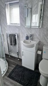 ein Badezimmer mit einem Waschbecken, einem WC und einem Spiegel in der Unterkunft Deluxe Apartments on Mersey One in Blackpool
