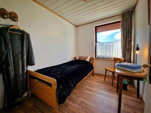 Schlafzimmer mit einem Bett, einem Schreibtisch und einem Fenster in der Unterkunft Gasthof Zum Burghof in Marsberg