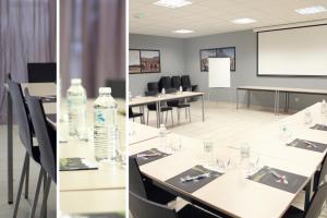 two views of a conference room with tables and bottles of water at Vacancéole - Le Domaine des Monédières in Meyrignac-lʼÉglise