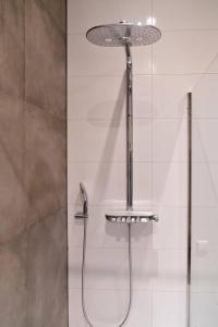 a shower with a glass door with a shower head at Liv Inn Hillegom in Hillegom