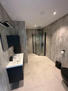 a bathroom with a sink and a shower at Loen Panorama in Stryn