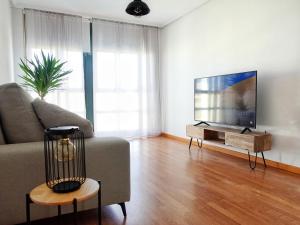 a living room with a couch and a flat screen tv at Atalaia Apartment Foz in Foz
