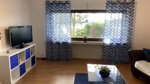 a living room with a couch and a tv and a window at FeWo Naturarena Garten in Reichshof 