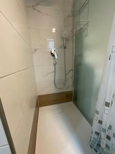 a bathroom with a shower with a shower curtain at Ferienwohnung Ella in Marktoberdorf +28 photos