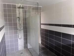 eine Dusche mit Glastür im Badezimmer in der Unterkunft Maison confortable à Mareuil-sur-Cher avec équipements modernes in Mareuil-sur-Cher + 6 Fotos