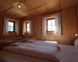 ein Schlafzimmer mit einem Bett in einem Zimmer mit Fenstern in der Unterkunft Rasterhof in Sillian