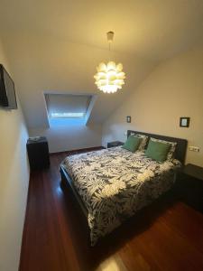 a bedroom with a bed and a chandelier at Apartamento Portela in Bueu