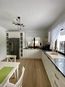 a kitchen with white cabinets and a black refrigerator at Casa Mălina Putna in Putnişoara