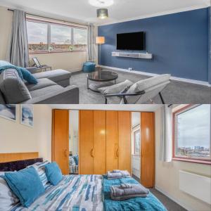 a bedroom and a living room with a large bed at Park Avenue - An Executive 2 Bed Suite with a Private Bathroom in Birmingham City Centre, 5 mins to City Hospital in Birmingham