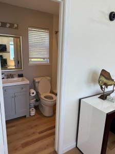 a bathroom with a toilet and a sink and a mirror at The Oceanfront Inn in Shelter Cove