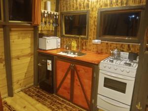 eine Küche mit Herd und Spüle in der Unterkunft Cabaña Trapecio in San Carlos de Bariloche