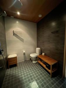 ein Bad mit einem WC und einem Tisch in der Unterkunft Säynätsalo Apartment in Säynätsalo