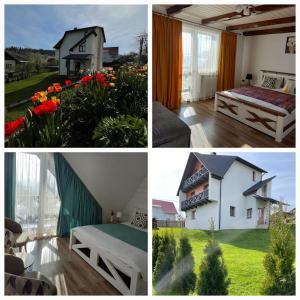 a collage of photos with a house and a bedroom at White House in Slavske