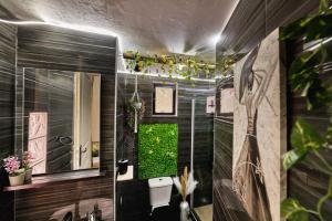 uma casa de banho com um WC e uma parede verde em Villa Fisi and Wellness em Apladhianá