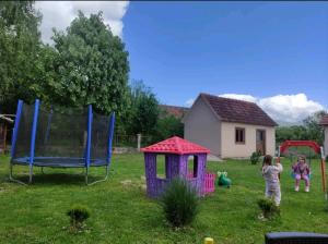 two children playing in a yard with a playground at Apartman in Nikšić