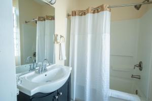 a bathroom with a sink and a shower curtain at Watkins Motel in Watkins Glen