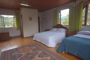 a bedroom with two beds with green curtains and a rug at Hospedaria Santa Clara - Serra Catarinense in Bom Retiro