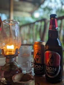 Deux bouteilles de bière et un verre sur une table dans l'établissement VISU VILLA hotel, à Habarana