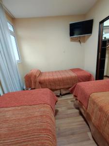 Habitación de hotel con 2 camas y TV de pantalla plana. en Hotel Francia en San Miguel de Tucumán