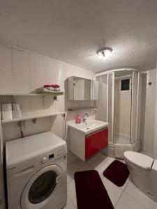 une petite salle de bains avec un lave-linge et un lavabo dans l'établissement Green Garden View Apartment Near Zorlu Center, à Istanbul