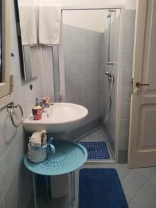 La petite salle de bains est pourvue d'un lavabo et d'une douche. dans l'établissement Appartamento Patty, à Cannole