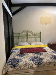 Old Bells Hostel- Villa El Campanario في سانتا آنا: غرفة نوم مع سرير مع اللوح الأمامي المعدني