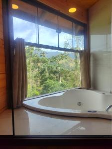 bañera en una habitación con ventana en Pousada Mirante do Céu, en Visconde De Maua