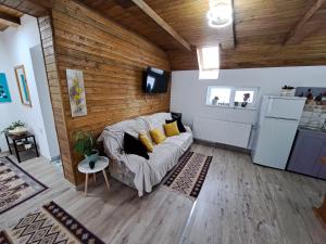 a living room with a couch and a refrigerator at Pensiunea Mateo in Bran