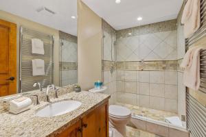 a bathroom with a sink and a toilet and a shower at Peaceful Home with PRIVATE Hot Tub and Garage by Harmony Whistler in Whistler +22 photos