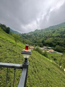 a pole with a red hat on top of a hill at Çınar suit bungalov in Çamlıhemşin
