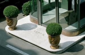 deux arbustes en vases sur le côté d'un bâtiment dans l'établissement Alden Suite Hotel Splügenschloss Zurich, à Zurich