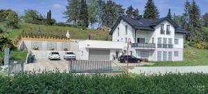 a white house with two cars parked in a driveway at Ferienapartment 21 in Kurort Gohrisch