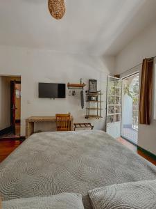 um quarto com uma cama grande e uma televisão de ecrã plano em Condesa Haus B&B em Cidade do México