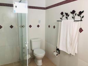 W łazience znajduje się toaleta, prysznic i ręcznik. w obiekcie Pousada In Garden w mieście Teresópolis