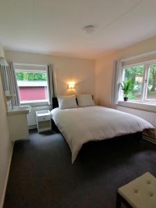 a bedroom with a large bed with two windows at Morning Glory, Huisje vogelzang in Beekbergen