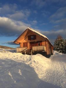 a log cabin with snow on the ground at Domki Mizerna - Czorsztyn - Pieniny in Mizerna