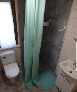 W łazience znajduje się prysznic, toaleta i umywalka. w obiekcie Domki Letniskowe Między Jeziorami w Lipnicy w mieście Lipnica