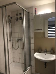 a bathroom with a shower and a sink at GottwaldHaus-Freiberg-Apartment C in Freiberg